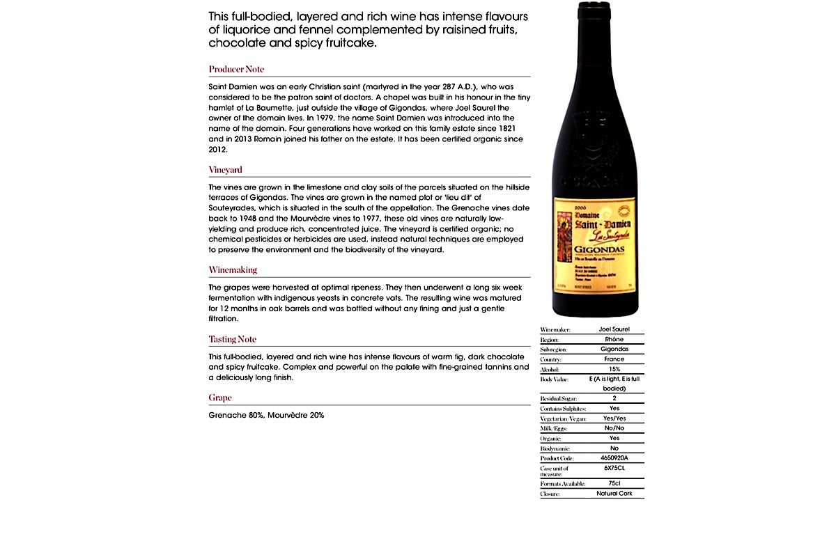 Gigondas ,Domaine Saint Damien, Les Souteyrades(Organic)|2019 | 15% | 75cl