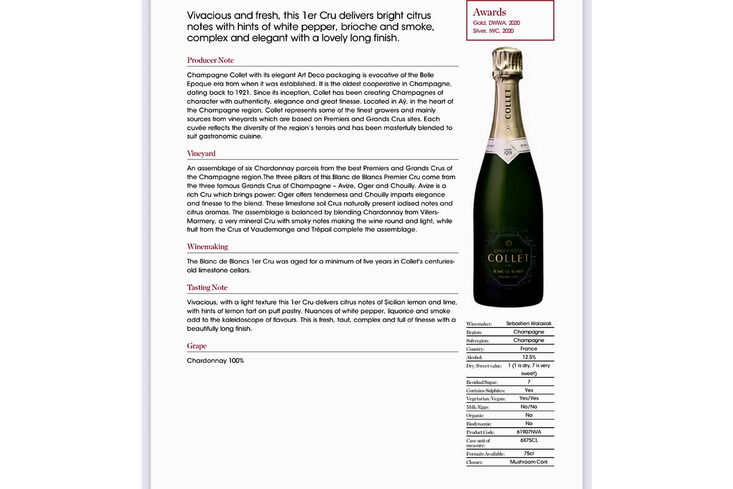 Champagne Collet Brut1er Cru Blanc de Blancs NV |12% |