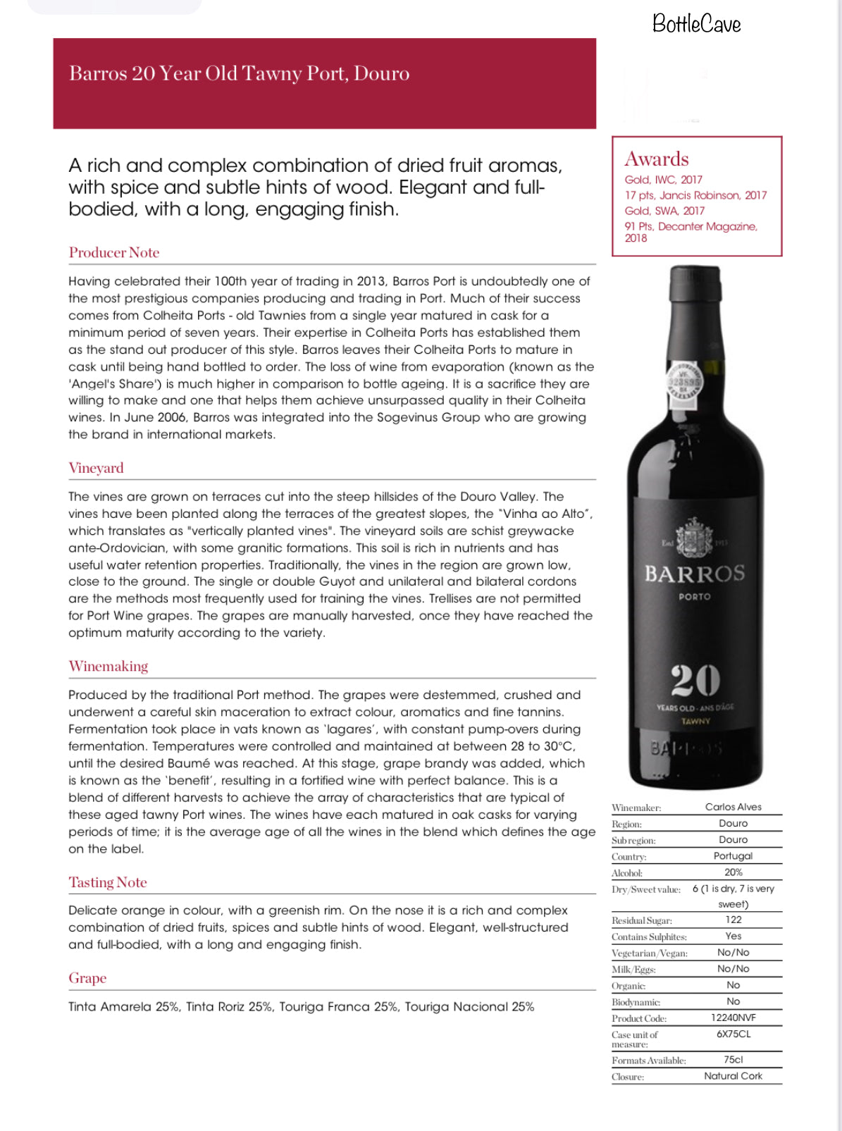 Barros 20 Year Old Tawny Port, Douro NV |20%| 75cl