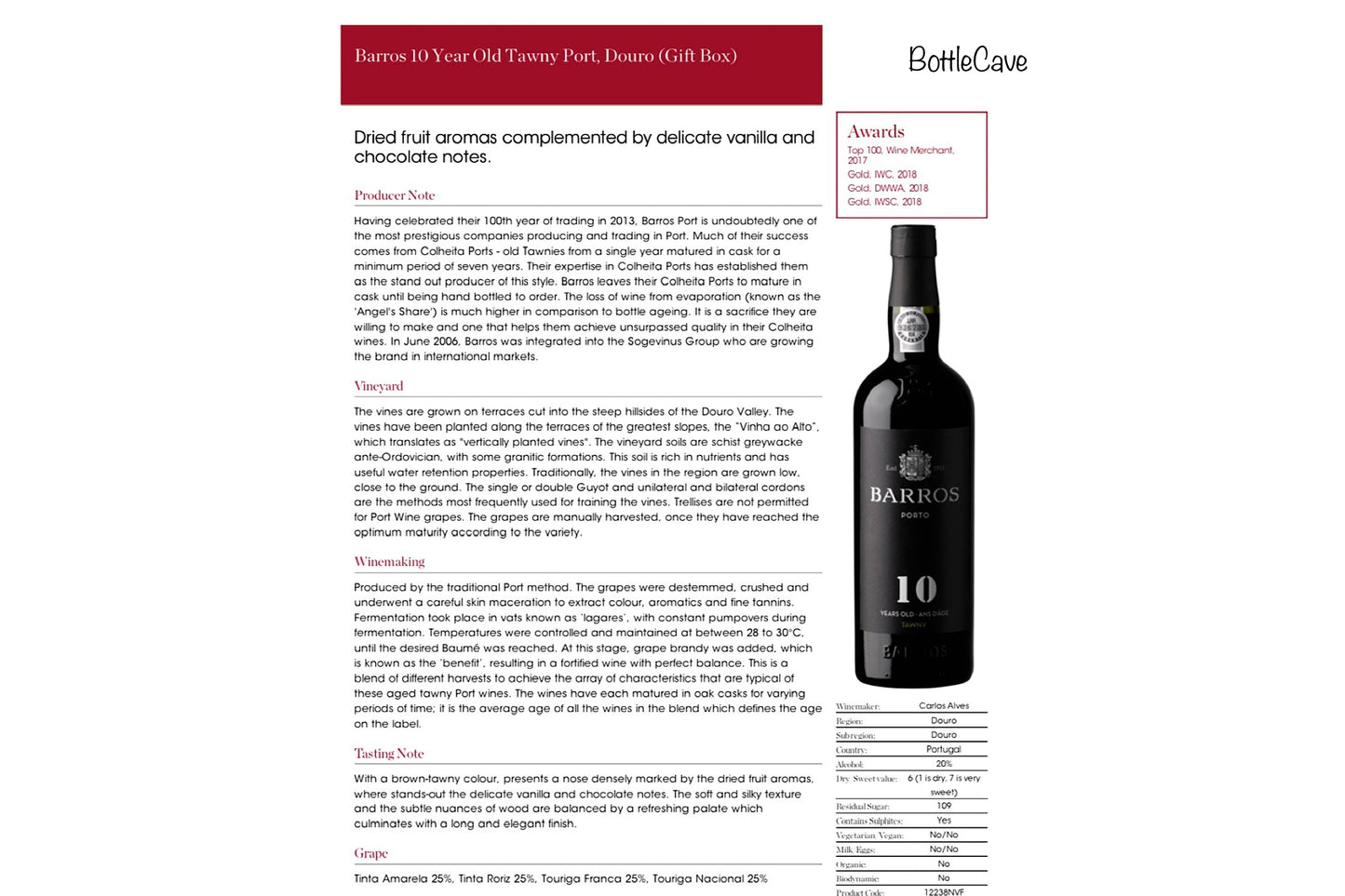 Barros 10 Year Old Tawny Port, Douro NV |20%| 75cl